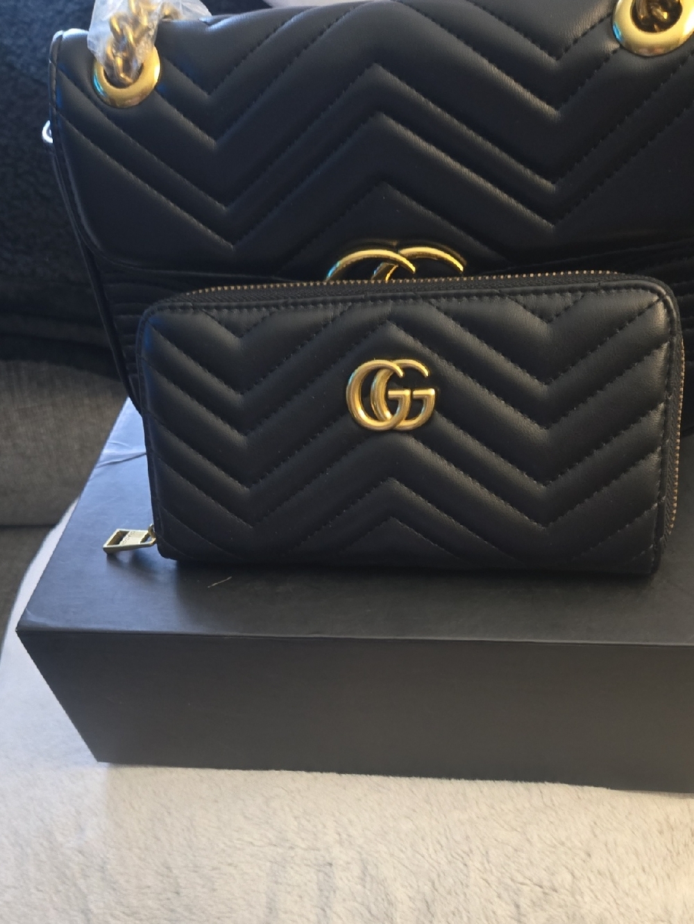 Fashion Inspired  Black Matelassé  Bag  And Zip Wallet with Gold Hardware
